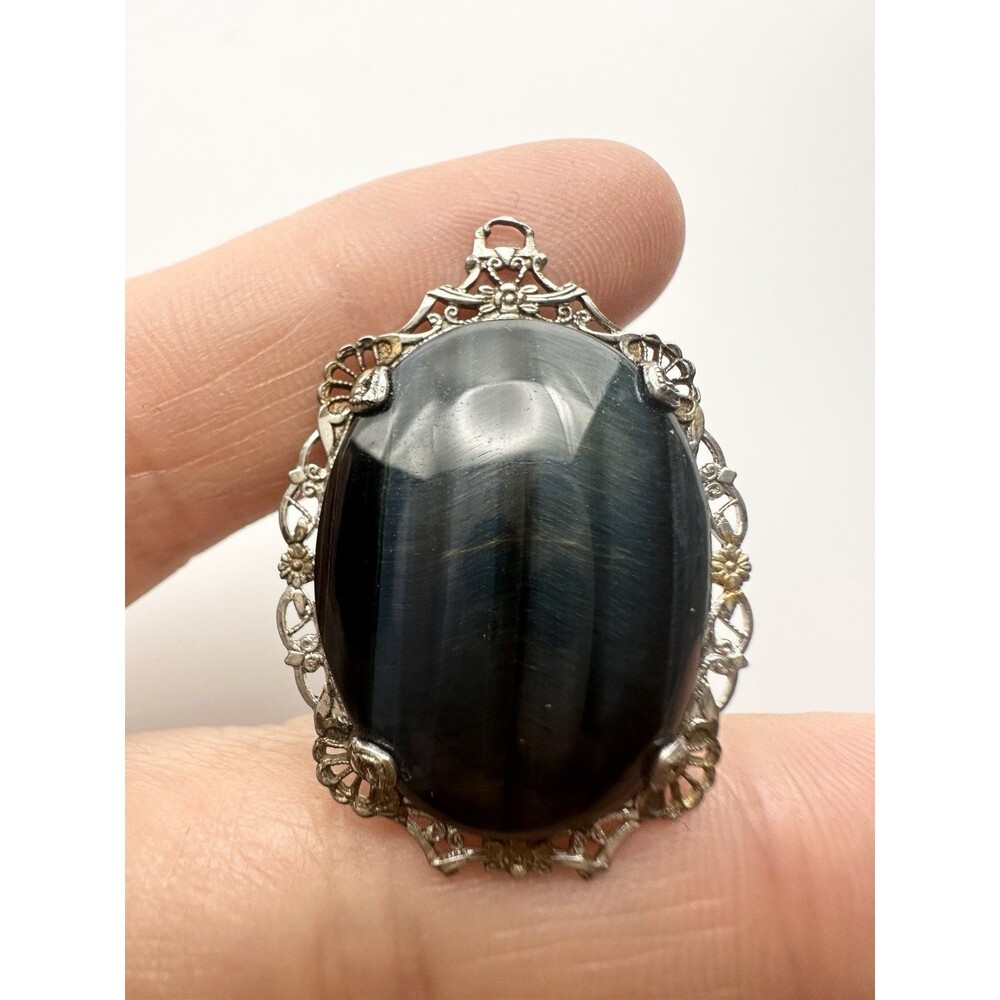 Vintage Sterling Silver Filigree Oval Gemstone Pendant